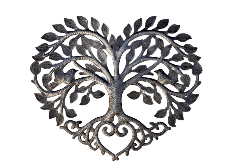 It's Cactus Metal Heart Shaped Tree of Life Decor, Wall Hanging Artwork, Handmade in Haiti, Celtic Family 17 X 16 Inches - Image 1